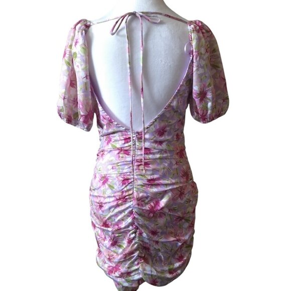 Dee Elly Women's Small Pink Floral Short Puff Sleeve Open Back Bodycon Ruched - Picture 6 of 6